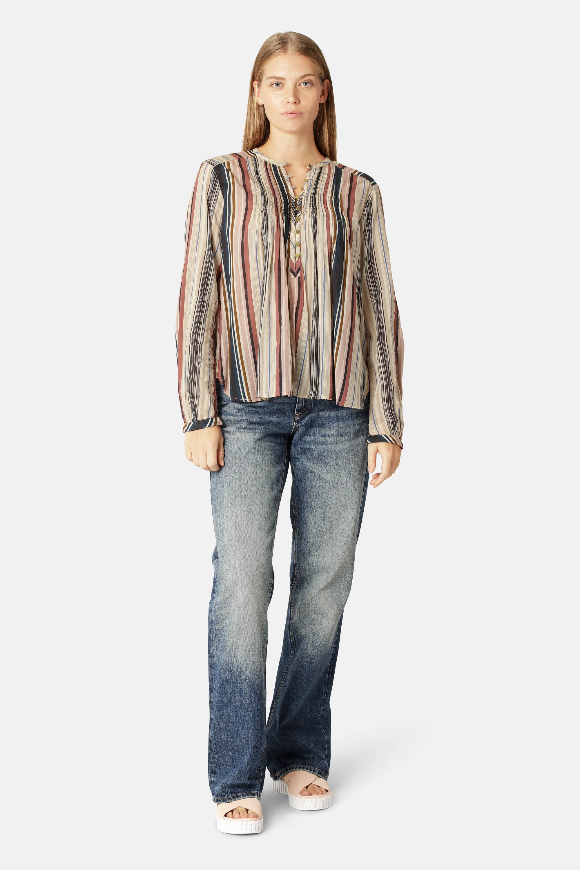 Langärmliges Hemd Pintuck - Beige Organic Stripe